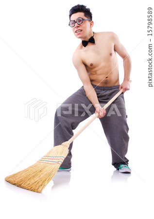 Funny man with broom on white Funny man with broom on white 15798589