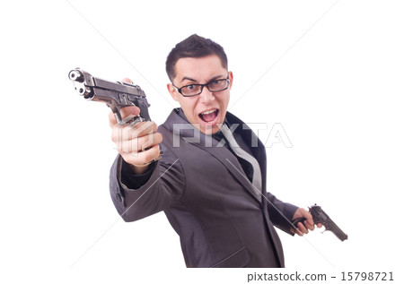 Funny businessman with gun on white Funny businessman with gun on white 15798721