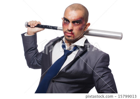 Badly bruised businessman with bat on white 15799013