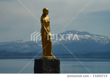 Lotus picture shining gold, background of Akita Komagatake 15800724