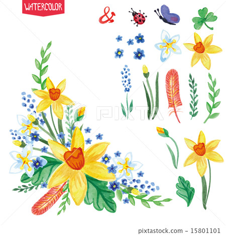 Watercolor flowers,green  branches set.Spring,summer bouquet 15801101
