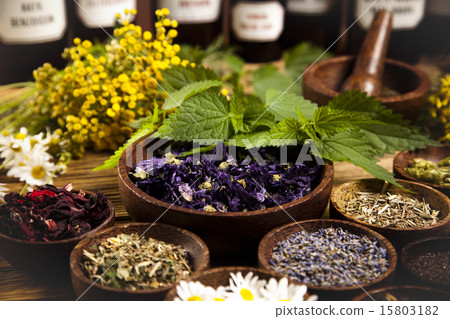 Medicine bottles and herbs, natural colorful tone 15803182