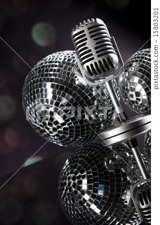 Microphone, vinyl record and Disco Balls, music Microphone, vinyl record and Disco Balls, music 15803201