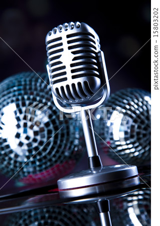 Microphone, vinyl record and Disco Balls, music Microphone, vinyl record and Disco Balls, music 15803202