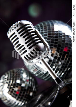 Microphone, vinyl record and Disco Balls, music  15803203