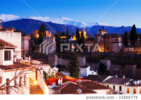 Evening view of  Alhambra with Sierra Nevada in    Granada 15808778