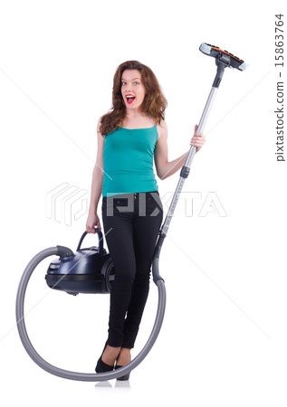 Young woman with vacuum cleaner on white 15863764