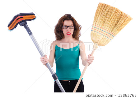 Young housewife doing housekeeping on white 15863765