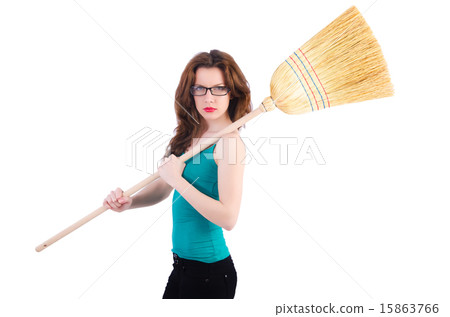 Young woman with broom on white 15863766