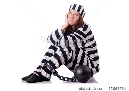Prisoner in striped uniform on white 15863784