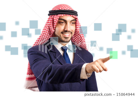 Arab man pressing virtual buttons Arab man pressing virtual buttons 15864944