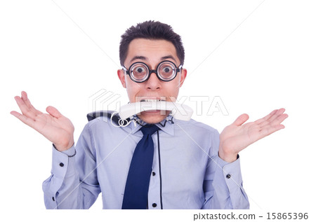 Crazy man with phone on white Crazy man with phone on white 15865396