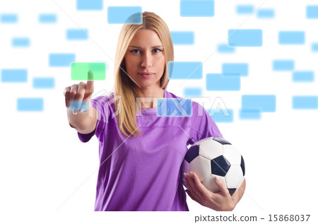Woman with football pressing virtual buttons Woman with football pressing virtual buttons 15868037