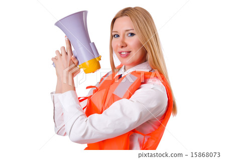 Young woman with vest and loudspeaker on white 15868073