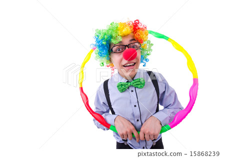 Funny clown with hula hoop on white Funny clown with hula hoop on white 15868239