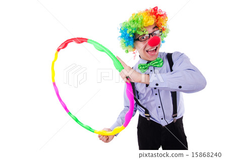 Funny clown with hula hoop on white Funny clown with hula hoop on white 15868240
