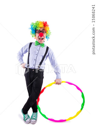 Funny clown with hula hoop on white Funny clown with hula hoop on white 15868241