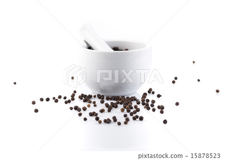 Peppercorns in mortar and pestle Peppercorns in mortar and pestle 15878523