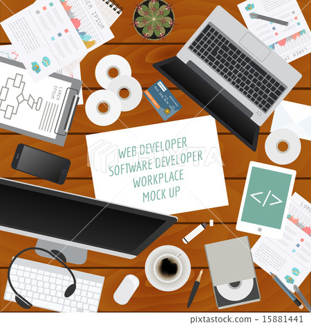 Workspace of the web developer, software developer - Stock Illustration ...