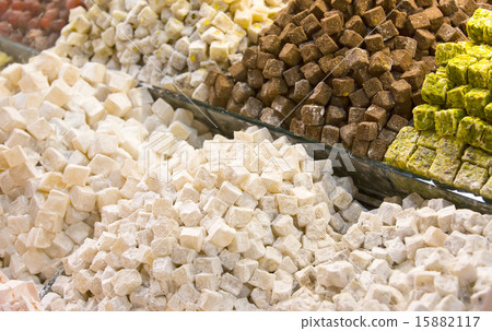 Turkish delight sweets background on the market in 15882117