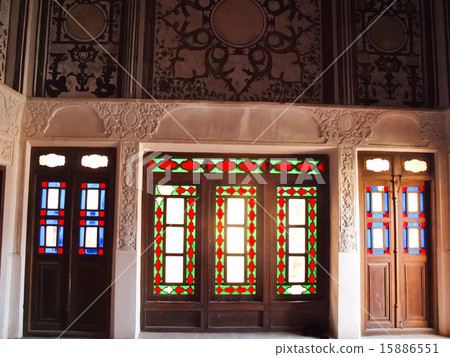 stained glass wooden doors in historic house, Iran 15886551