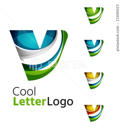 Set of abstract V letter company logos. Business icons, overlapping flowing waves 15890025
