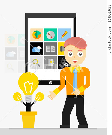 Mobile app startup idea. Young businessman showing growing plant of light bulbs Mobile app startup idea. Young businessman showing growing plant of light bulbs 15901635