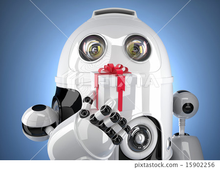 Robot with tiny gift box. Isolated on white. Robot with tiny gift box. Isolated on white. 15902256