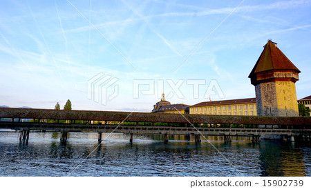 sunset wooden Chapel Bridge in Lucerne 15902739