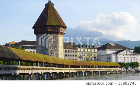 View of historical wooden Chapel Bridge in Lucerne View of historical wooden Chapel Bridge in Lucerne 15902743