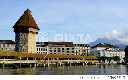 wooden Chapel Bridge and Tower in Lucerne 15902745
