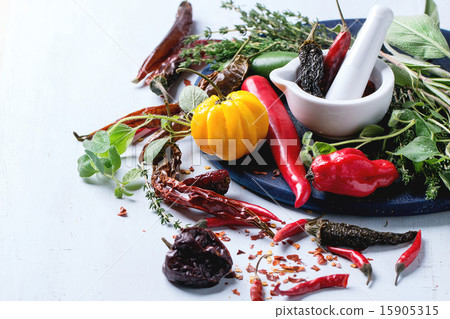 Assortment of chili peppers and herbs 15905315