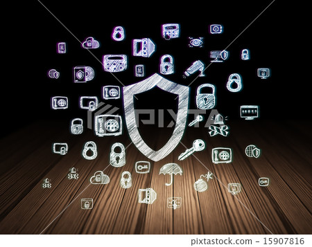 Security concept: Contoured Shield in grunge dark room Security concept: Contoured Shield in grunge dark room 15907816