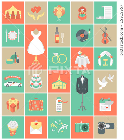 Flat square wedding icons Flat square wedding icons 15915957