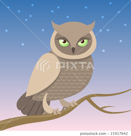 Owl on a Branch at the night landscape flat style - Stock Illustration ...