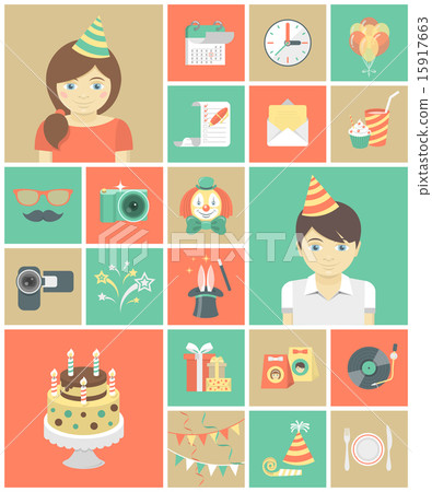 Modern Flat Kids Birthday Party Icons 15917663