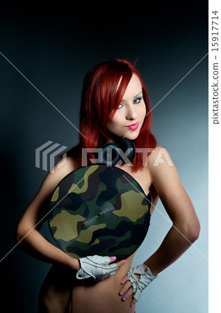 Stylish female dj with vinyl record 15917714