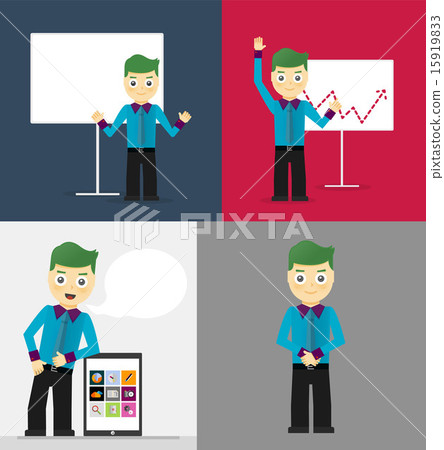 Poses of young businessmen, presentation white board, leaning on tablet concept and confident Poses of young businessmen, presentation white board, leaning on tablet concept and confident 15919833