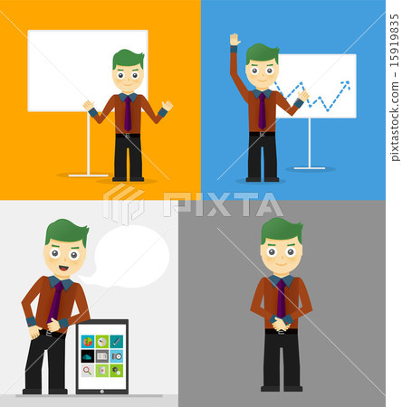 Poses of young businessmen, presentation white board, leaning on tablet concept and confident 15919835