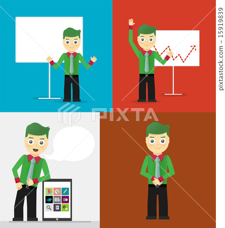 Poses of young businessmen, presentation white board, leaning on tablet concept and confident 15919839