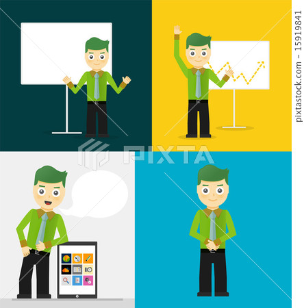 Poses of young businessmen, presentation white board, leaning on tablet concept and confident 15919841