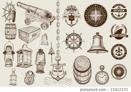 Set of marine and nautical elements. Vector 15922372