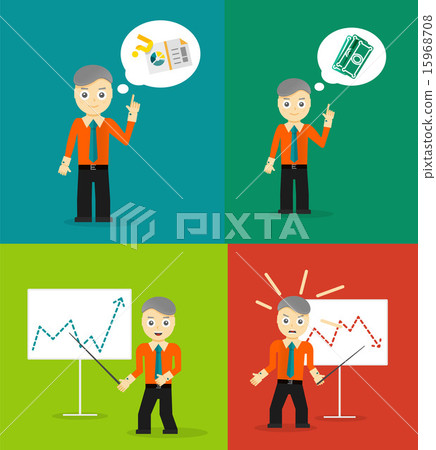 Set of cute cartoon young businessmen. Idea concept and finance report graph 15968708