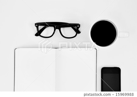blank notebook, eyeglasses, coffee and smartphone blank notebook, eyeglasses, coffee and smartphone 15969988