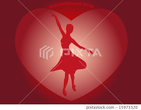 Dancing ballerina in a big red heart in the form of a silhouette on the bright basis.Eps10 15973320