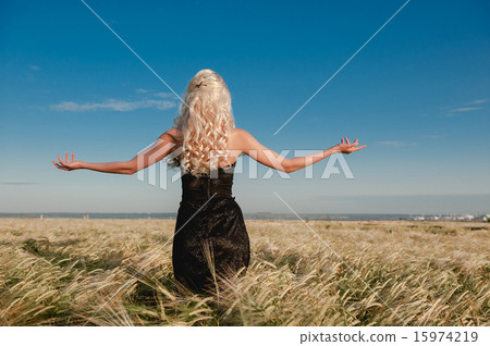 The girl in a black dress standing in the grain field arms sprea The girl in a black dress standing in the grain field arms sprea 15974219