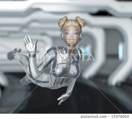 空間站的一名女工作人員在失重中漂浮著3DCG 15978069