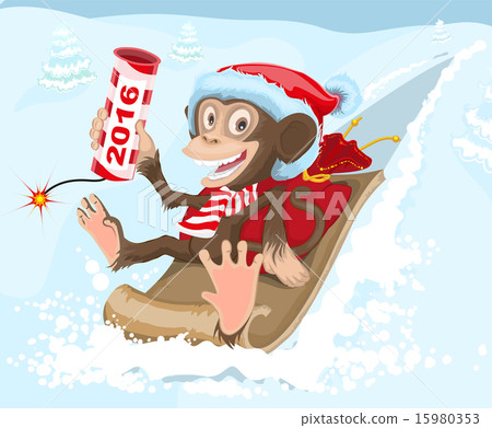 Christmas monkey riding on a sled and keeps petard 2016 Christmas monkey riding on a sled and keeps petard 2016 15980353
