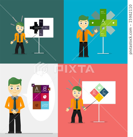 Young businessman presents his modern option infographic diagram. Set of illustrations 15982110