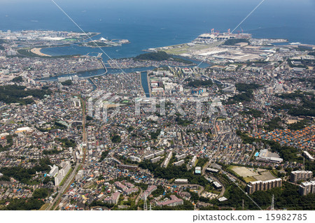 Aerial view of Hakkeijima direction from the sky near Yokohama's Rokpo Station 15982785